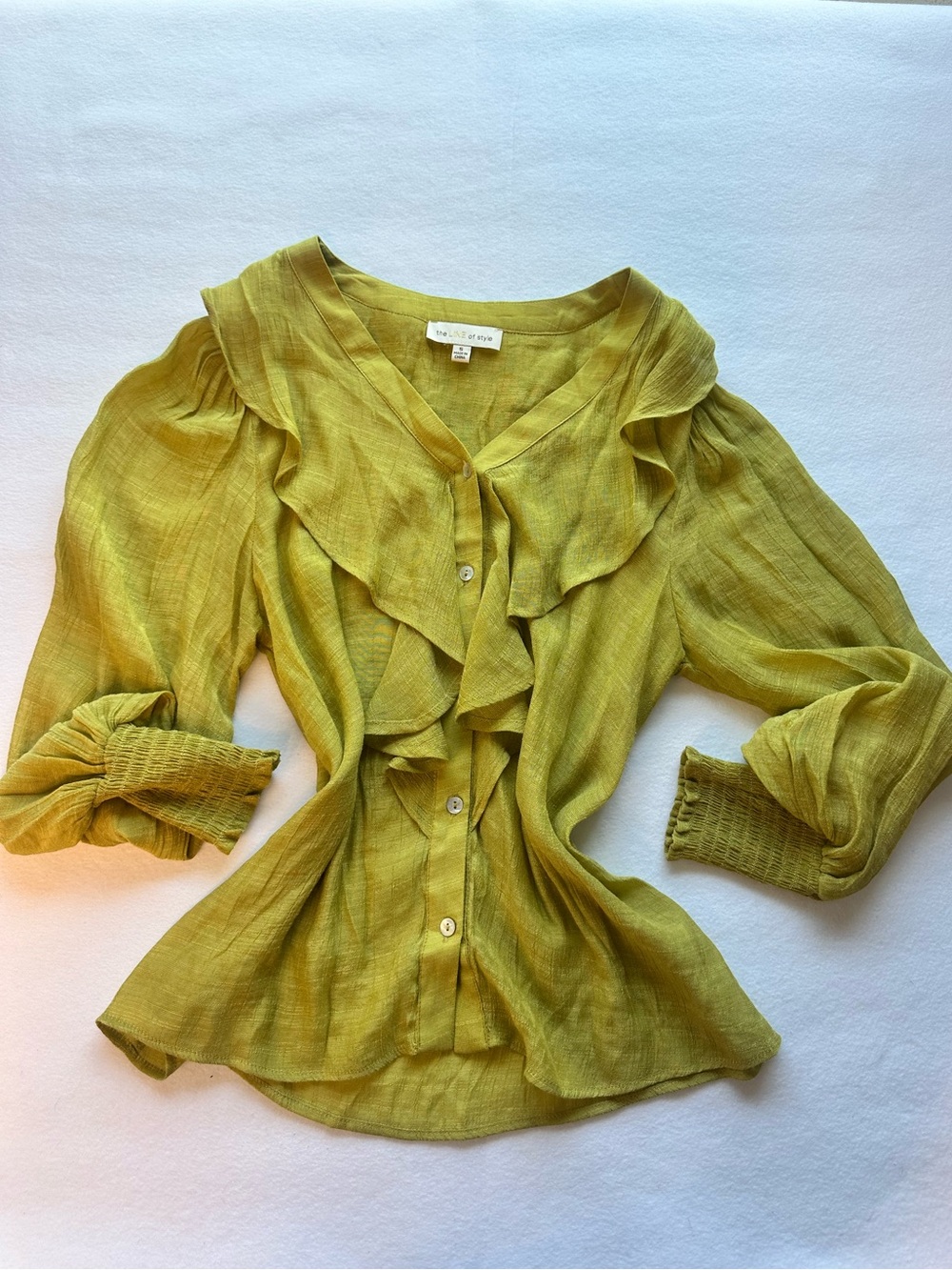 Chartreuse Ruffle V Neck Button Front Blouse Smocked Cuff Long Sleeve Blouse